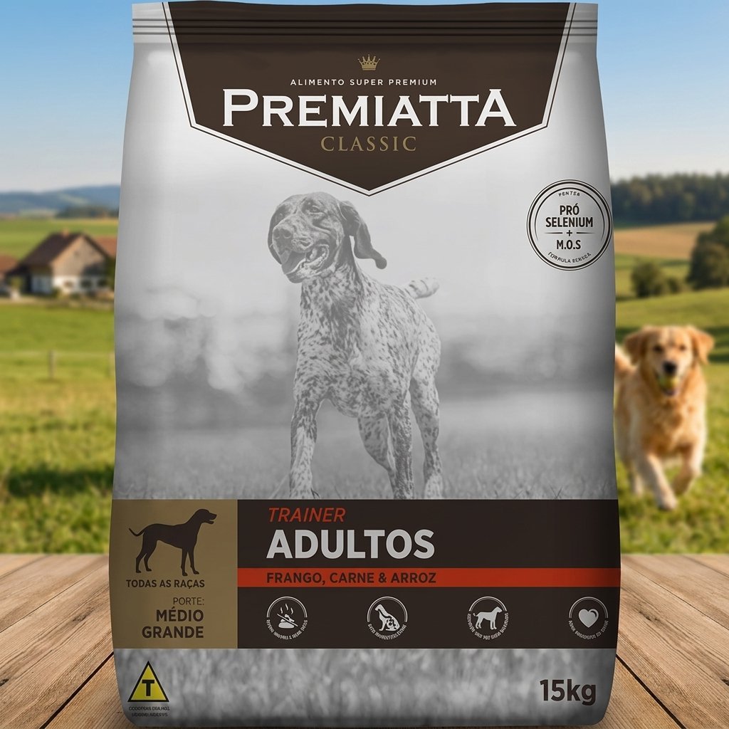 Saco de ração Premiatta Trainer Adulto de 15kg para cães, com embalagem azul e imagem de cachorro feliz e saudável.