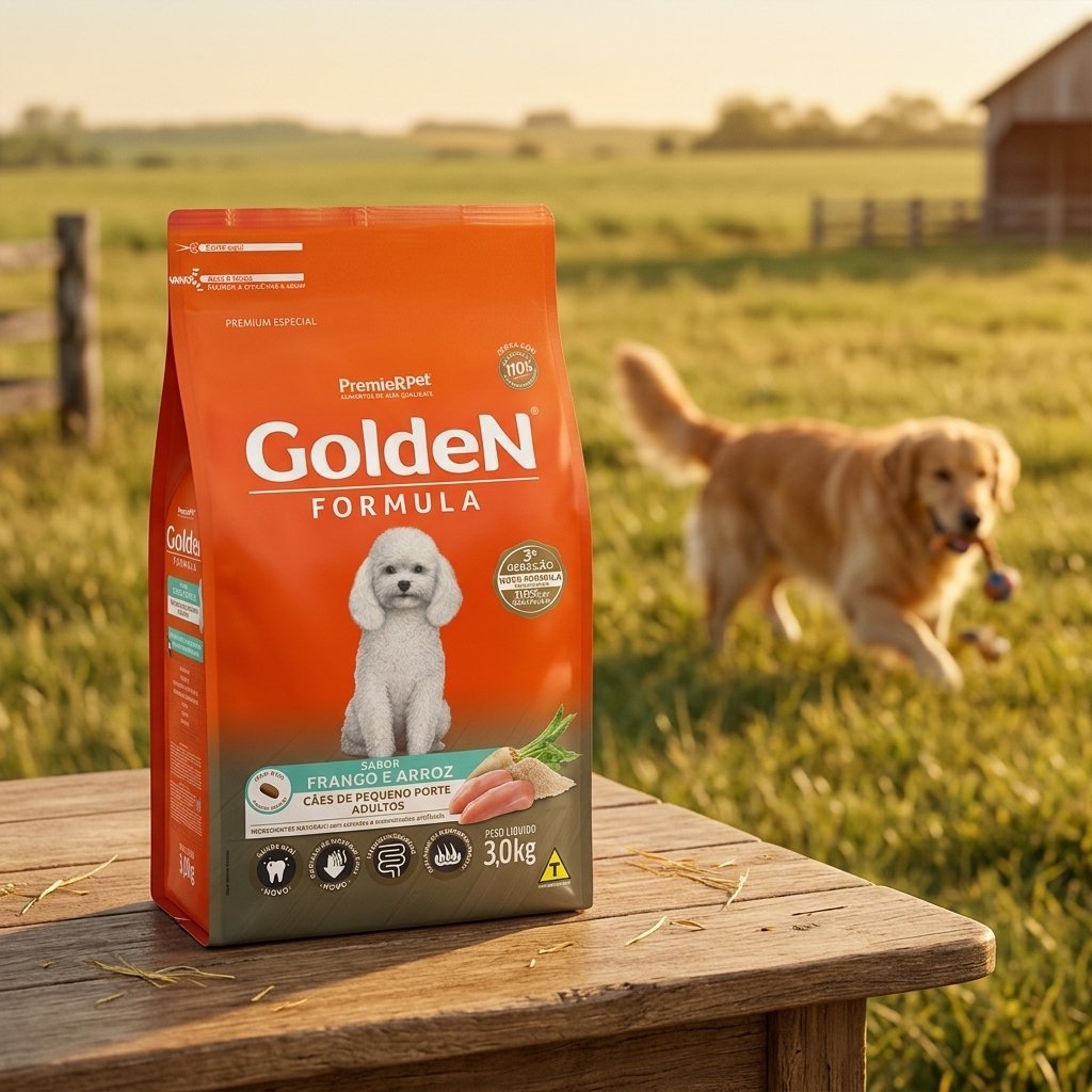 Embalagem de ração Golden Adultos Frango e Arroz Mini Bits 3kg para cães de pequeno porte