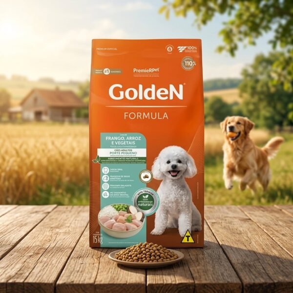 Saco de ração Golden Cães Adultos Frango e Arroz Mini Bits 15kg, com imagem de cão de pequeno porte.