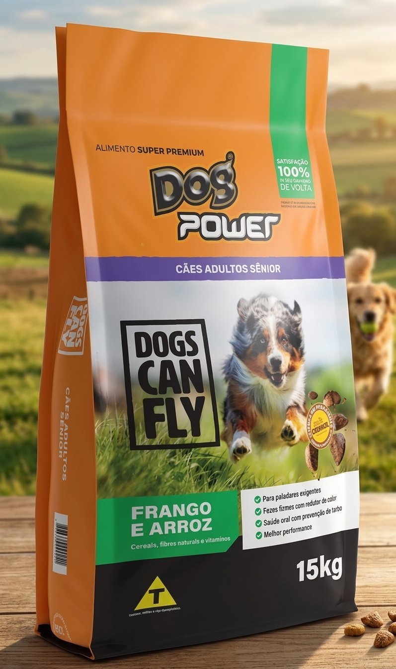 Saco de ração Dogs Can Fly Dog Power Senior 15kg para cães idosos, embalagem azul e branca com imagem de cachorro sênior.