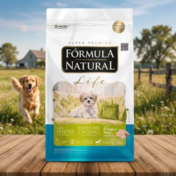 Saco de ração Formula Natural Filhote Mini/Pequeno Porte 15kg com filhote de cachorro pequeno e feliz