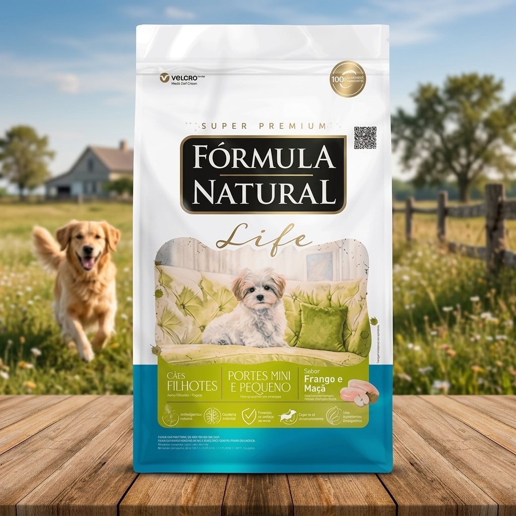 Saco de ração Formula Natural Filhote Mini/Pequeno Porte 15kg com filhote de cachorro pequeno e feliz