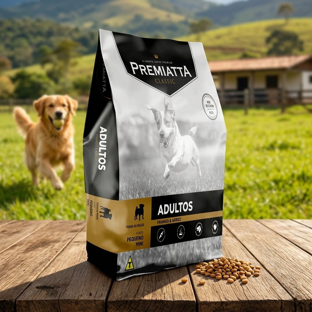 Saco de ração Premiatta Classic Adultos Frango e Arroz 15kg para cães de raças pequenas e médias.