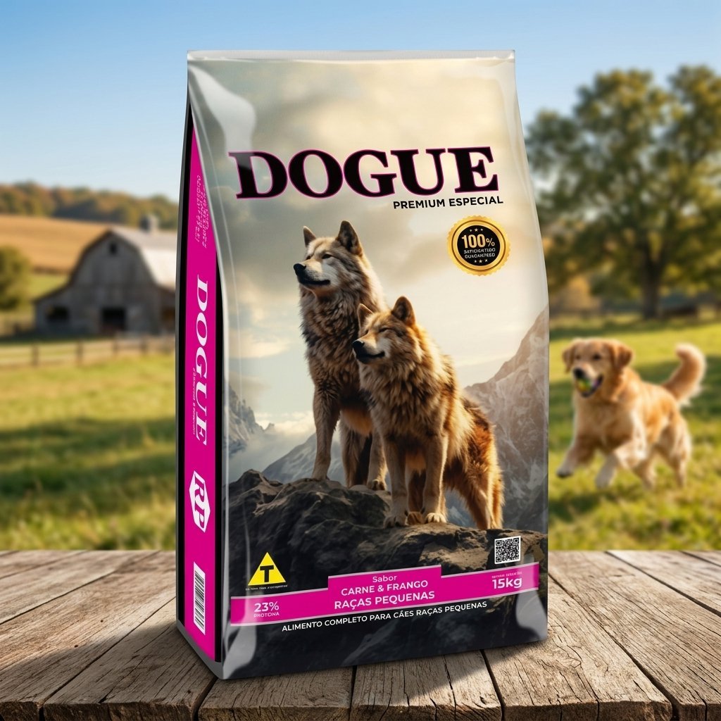 Saco de ração Dogue Premium para cães de raças pequenas, 15kg, com imagem de cão pequeno e grãos de ração.