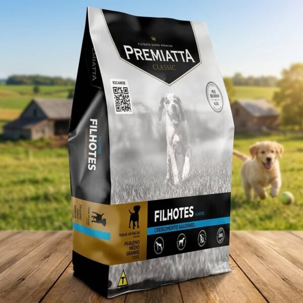 Saco de Ração Premiatta Classic Filhote 15kg com imagem de filhote feliz e tigela de ração.
