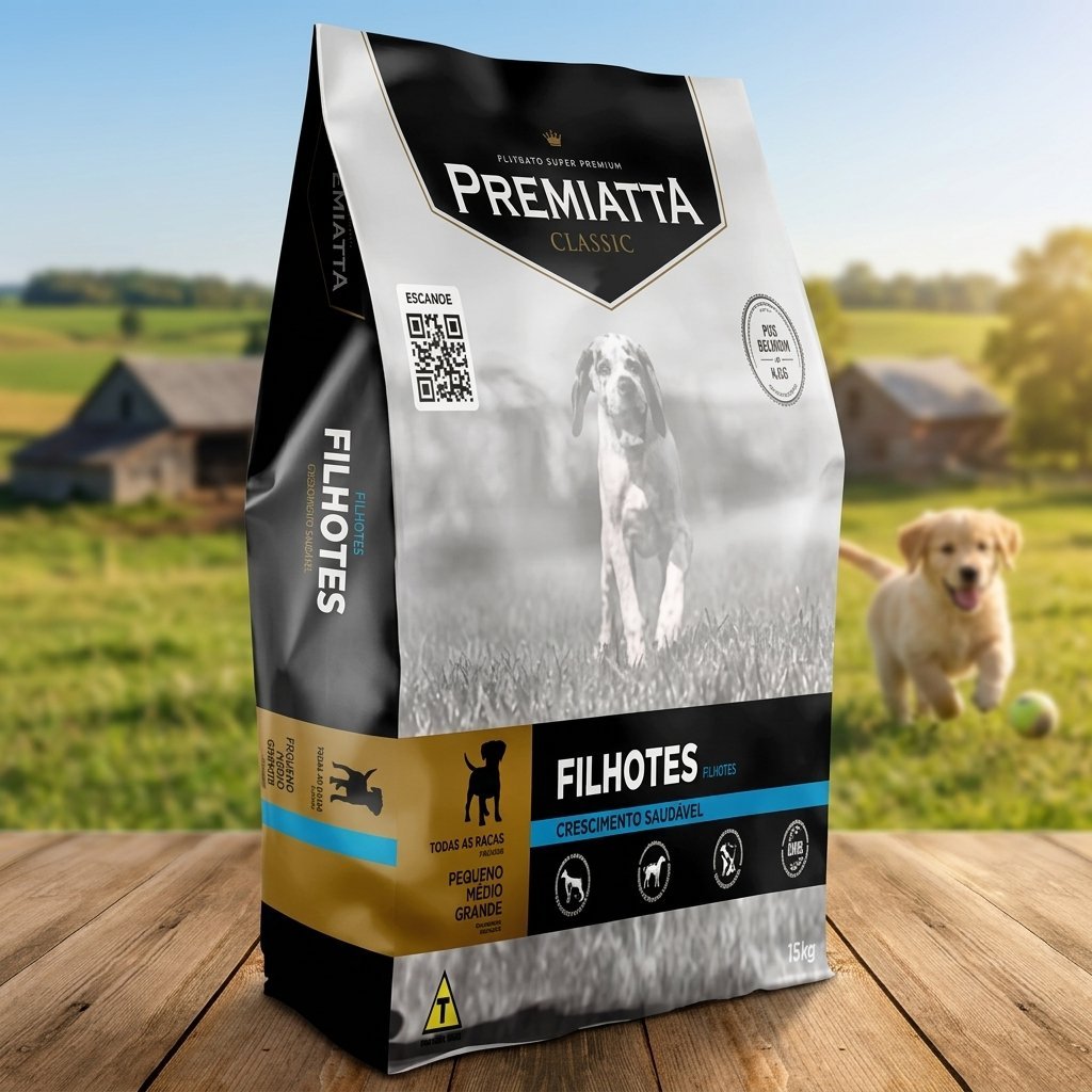 Saco de Ração Premiatta Classic Filhote 15kg com imagem de filhote feliz e tigela de ração.