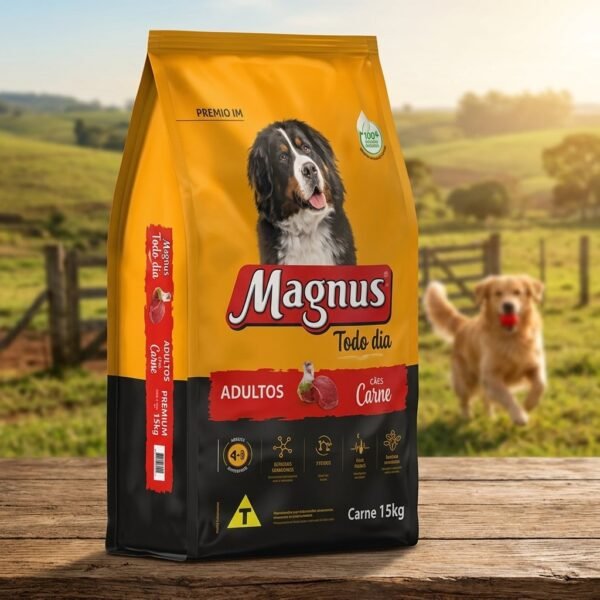 Saco de Ração Magnus Todo Dia Cães Adultos Sabor Carne 15kg, embalagem azul e vermelha com imagem de cachorro feliz