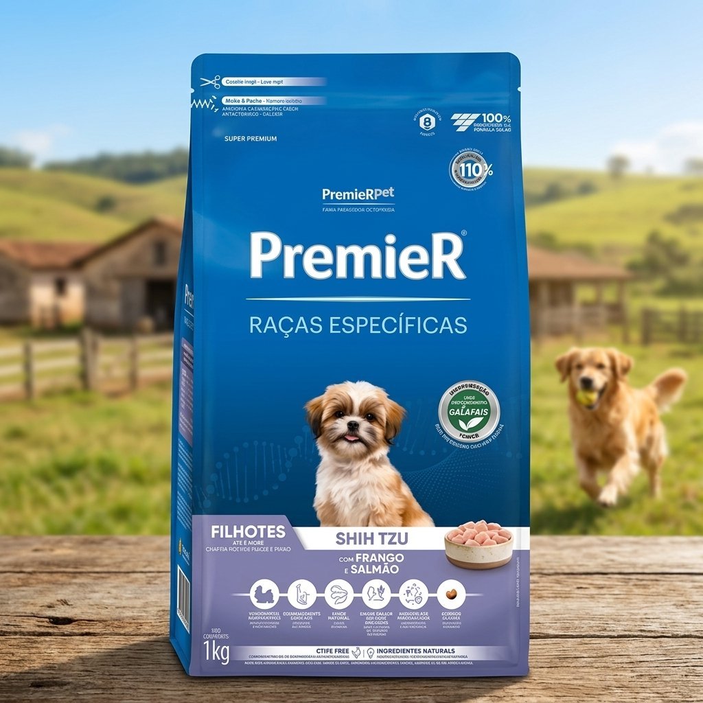 Ração Premier Pet Shih Tzu Filhotes Frango e Salmão 1kg, embalagem frontal com filhote de shih tzu