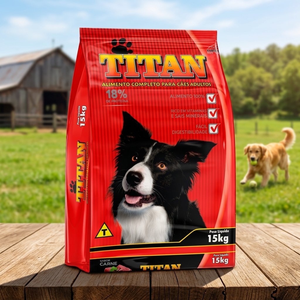 Saco de ração Nutriave Titan Plus 15kg para cães adultos, embalagem azul e amarela com imagem de cachorro.