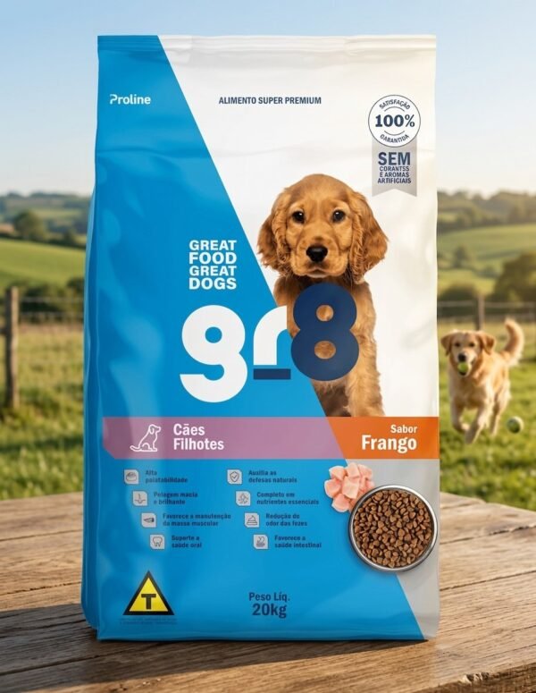 Saco de Ração Proline GR8 Filhote 20kg para cães, com imagem de filhote feliz e saudável
