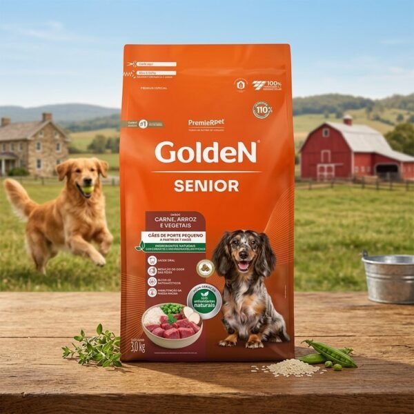 Embalagem de ração Golden Formula Cães Sênior Porte Pequeno Sabor Carne e Arroz 3kg, com imagem de cão idoso de porte pequeno e ingredientes.