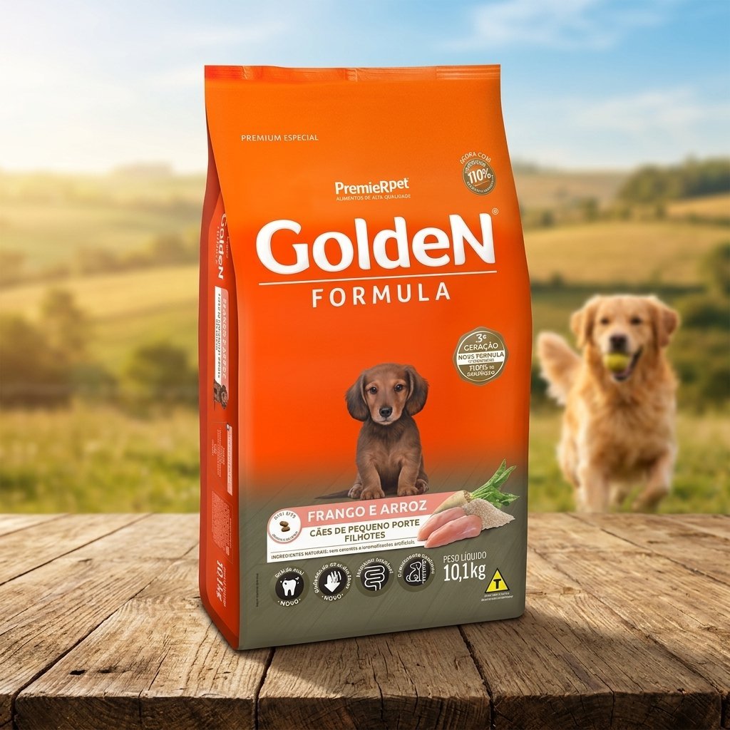 Embalagem de ração Golden Formula Cães Adultos Mini Bits Sabor Frango e Arroz 10,1kg, com imagem de cão pequeno e grãos de ração.