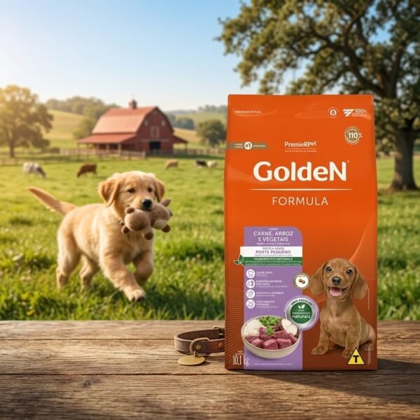Embalagem de ração Golden Formula Cães Filhotes Mini Bits Sabor Carne 1kg, com imagem de cão de pequeno porte e grãos de ração.