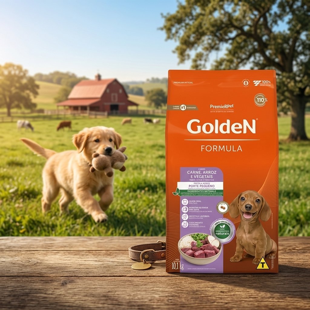 Embalagem de ração Golden Formula Cães Filhotes Mini Bits Sabor Carne 1kg, com imagem de cão de pequeno porte e grãos de ração.