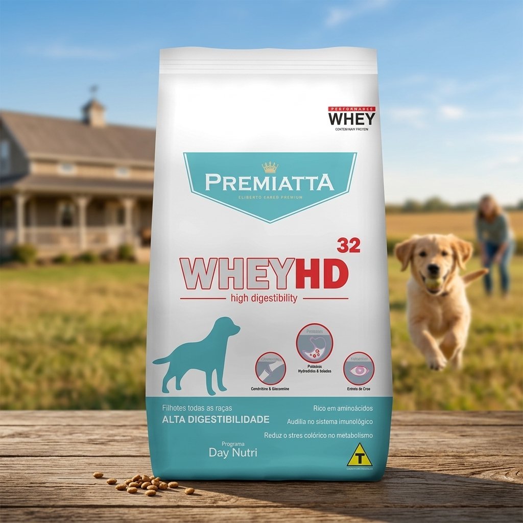 Saco de ração Premiatta Whey HD Filhote 6kg, com design moderno e imagem de um filhote feliz e saudável.