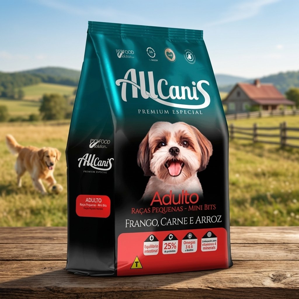 Saco de ração Allcanis Pequeno Porte 15kg em ambiente doméstico com um cão da raça Shih Tzu feliz e saudável.