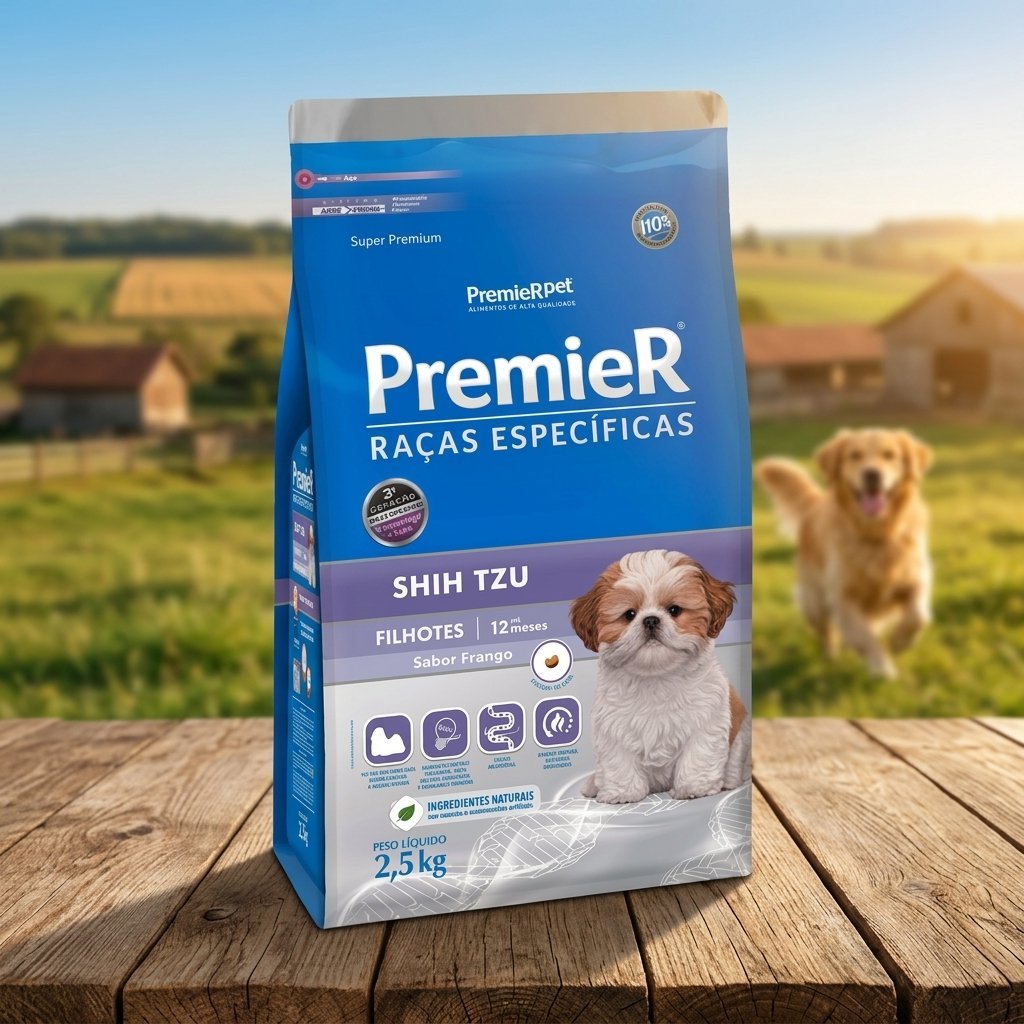 Embalagem de ração Premier Pet para filhotes de Shih Tzu de 2,5kg, com imagem de um filhote de Shih Tzu e grãos de ração.