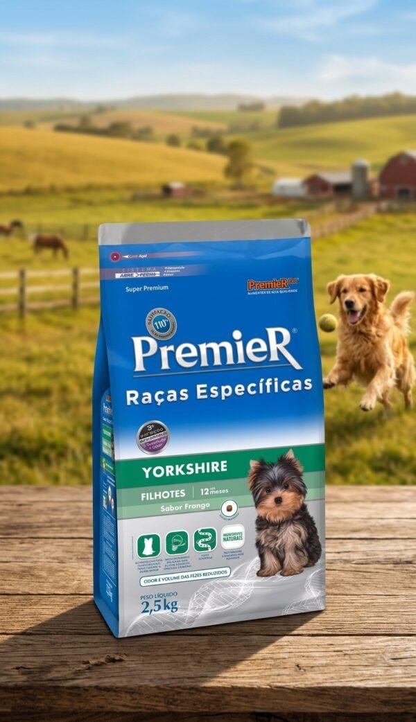 Embalagem de ração Premier Pet Cães Filhotes Yorkshire Terrier de 2,5kg, com imagem de filhote de Yorkshire.