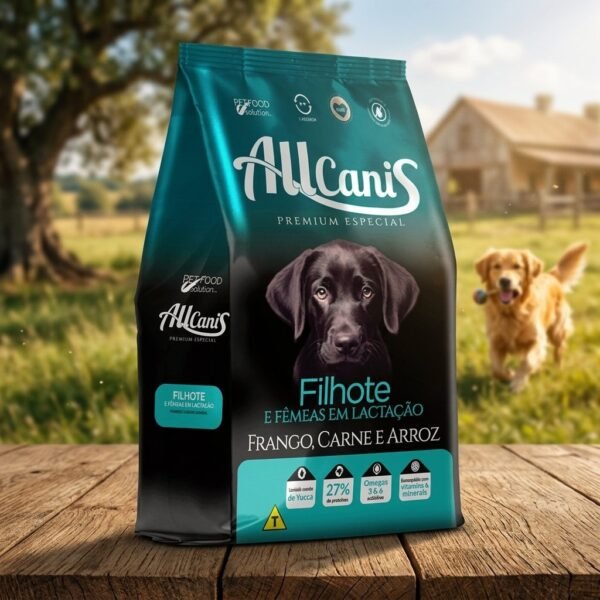 Saco de ração Allcanis Filhote sabor frango e arroz de 15kg para cães em fase de crescimento.