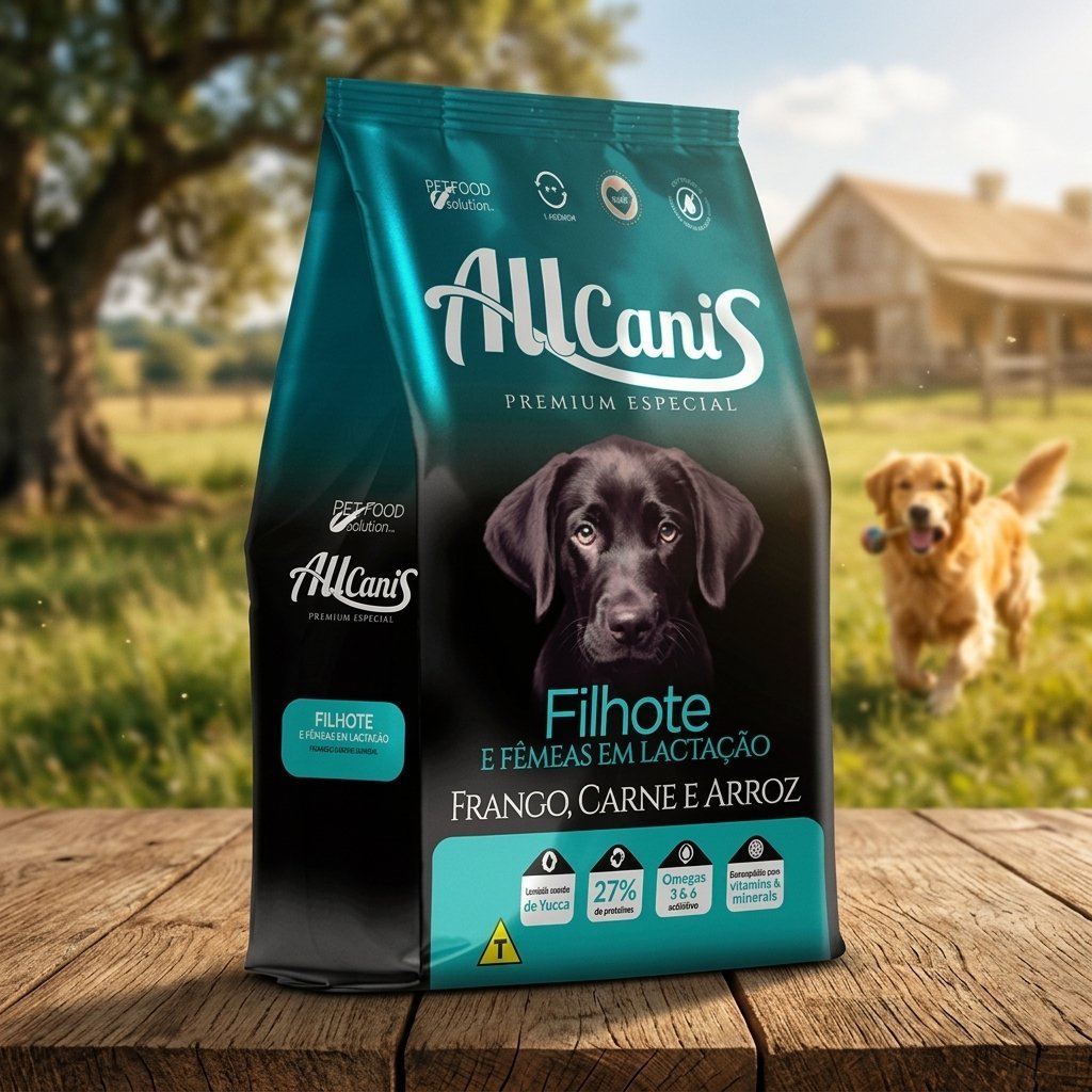 Saco de ração Allcanis Filhote sabor frango e arroz de 15kg para cães em fase de crescimento.