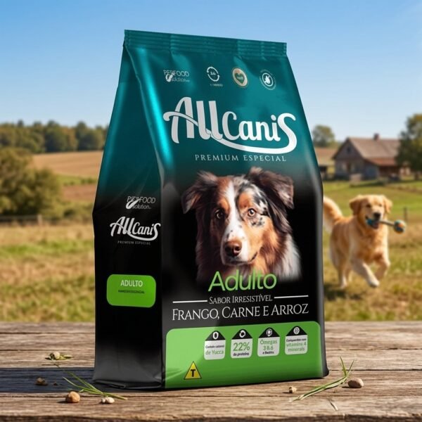 Saco de ração Allcanis Adulto Carne e Arroz 15kg, embalagem azul com imagem de cão.