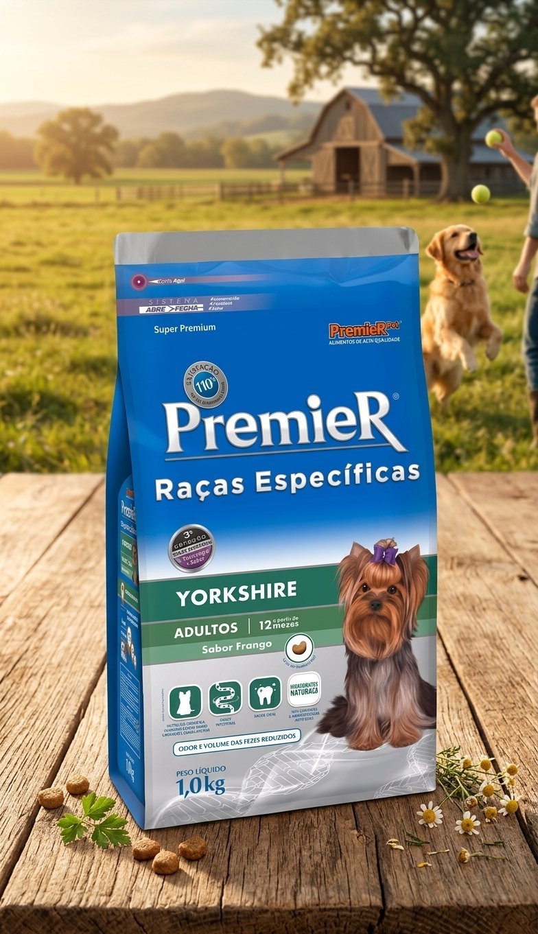 Embalagem de Ração Premier Yorkshire Adulto 1kg, com imagem de um cão Yorkshire Terrier