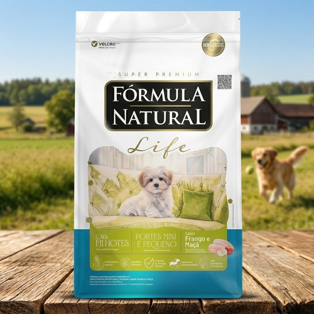 Embalagem de ração Formula Natural Life para cães filhotes de 1kg, sabor frango e arroz, com imagem de filhote feliz.