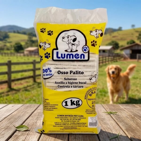 Pacote de Osso Palito Lumen para Cães de 1kg, contendo diversos palitos mastigáveis de couro bovino natural, ideal para higiene bucal e entretenimento canino.