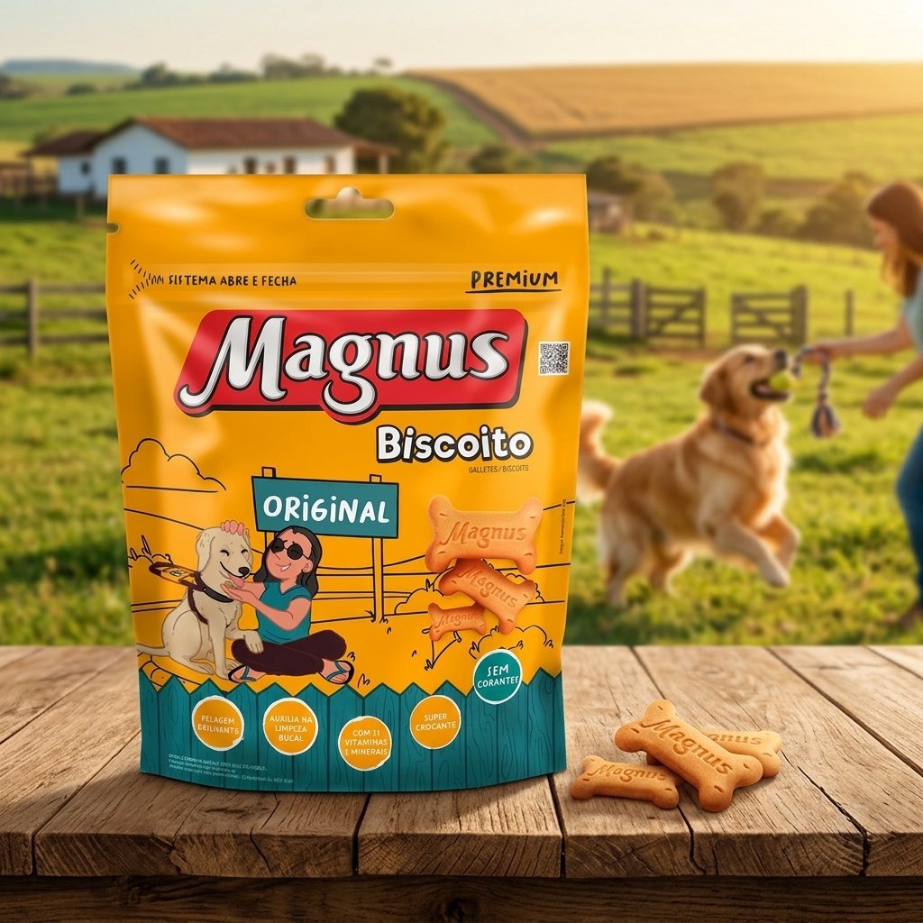 Embalagem de Biscoito Magnus Original para Cães Adultos 400g, com biscoitos em formato de osso e logo da marca Magnus.