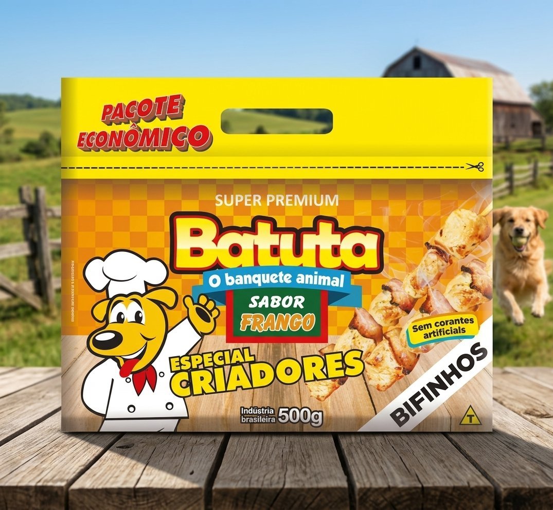 Embalagem de bifinho sabor frango Batuta de 500g para cães, com design vibrante e imagem de petisco.