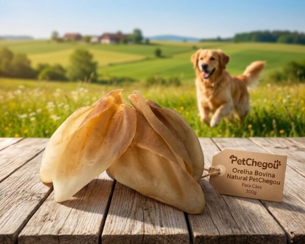 Orelha bovina natural desidratada 300g para cães, petisco mastigável marrom claro em fundo branco.