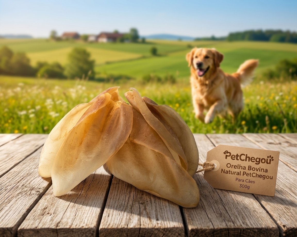 Orelha bovina natural desidratada 300g para cães, petisco mastigável marrom claro em fundo branco.