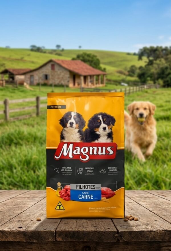 Biscoito Magnus Filhote 250g para cães, embalagem frontal com imagem do produto e filhote.