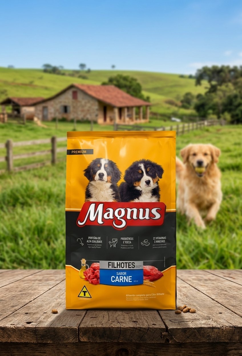 Biscoito Magnus Filhote 250g para cães, embalagem frontal com imagem do produto e filhote.