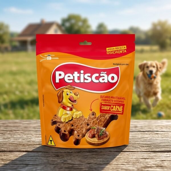 Bifinho Petiscão sabor carne 250 gramas para cães, embalagem frontal com logo Petiscão e imagem de petisco.