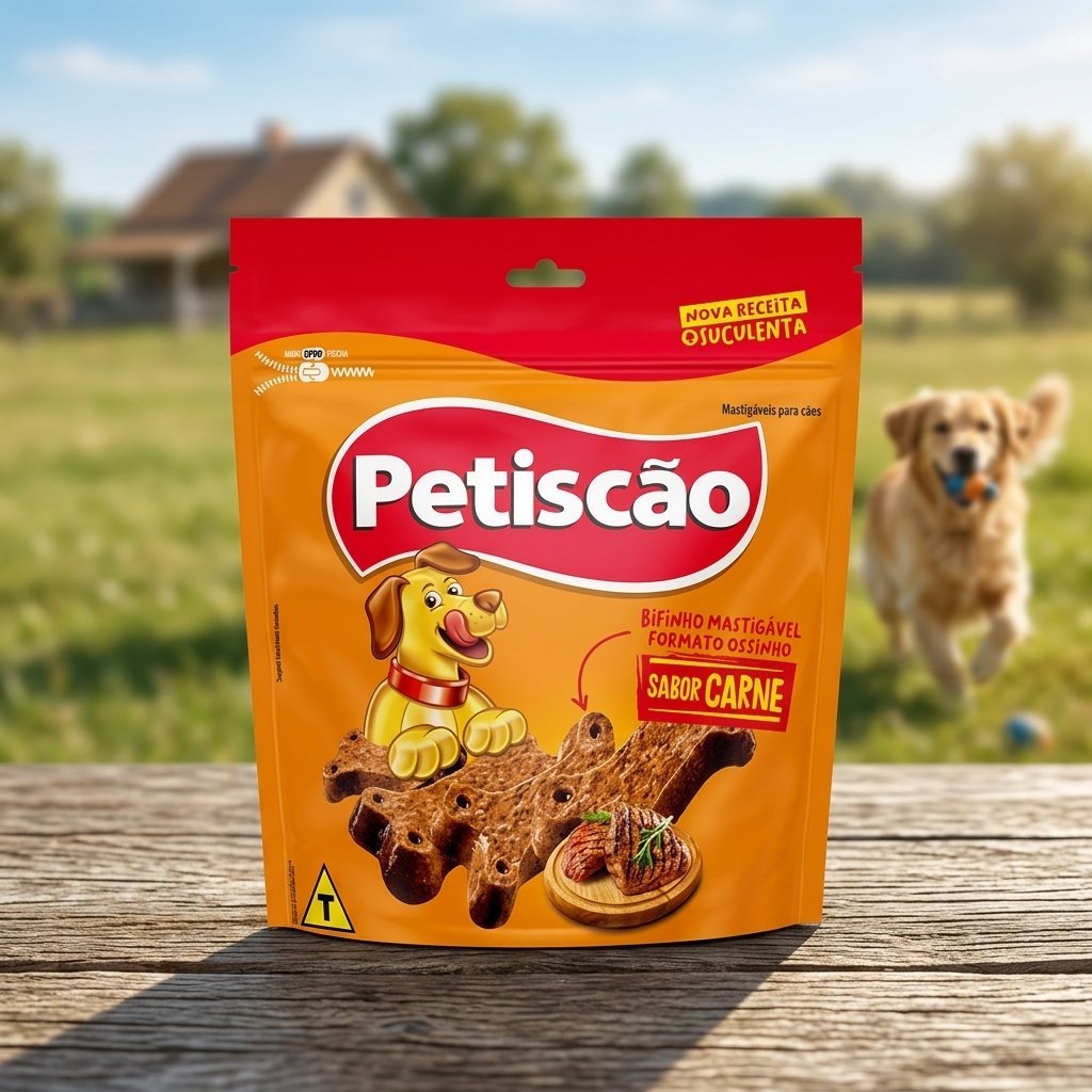 Bifinho Petiscão sabor carne 250 gramas para cães, embalagem frontal com logo Petiscão e imagem de petisco.