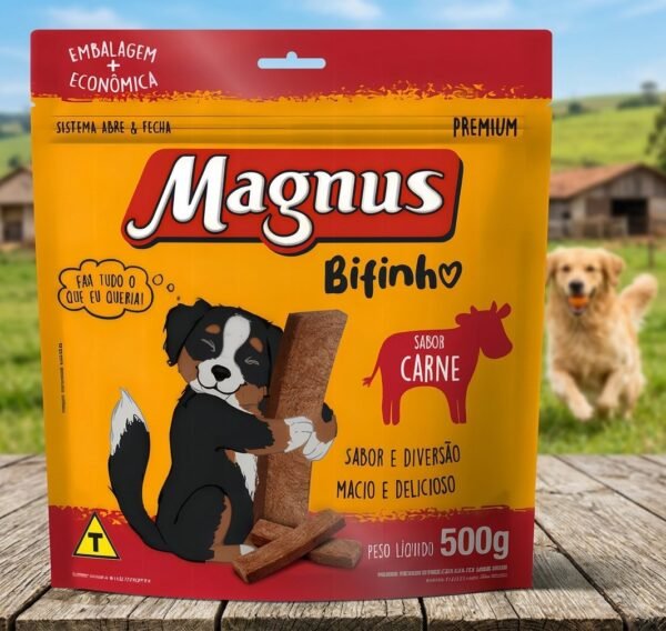 Bifinho Magnus Sabor Carne 500g para cães, embalagem frontal com imagem do produto e logo Magnus.