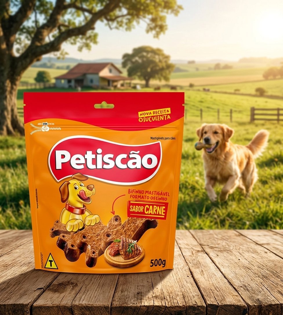 Embalagem de Bifinho Petiscão Carne 500g, com petiscos mastigáveis de cor marrom e logo da marca Petiscão.