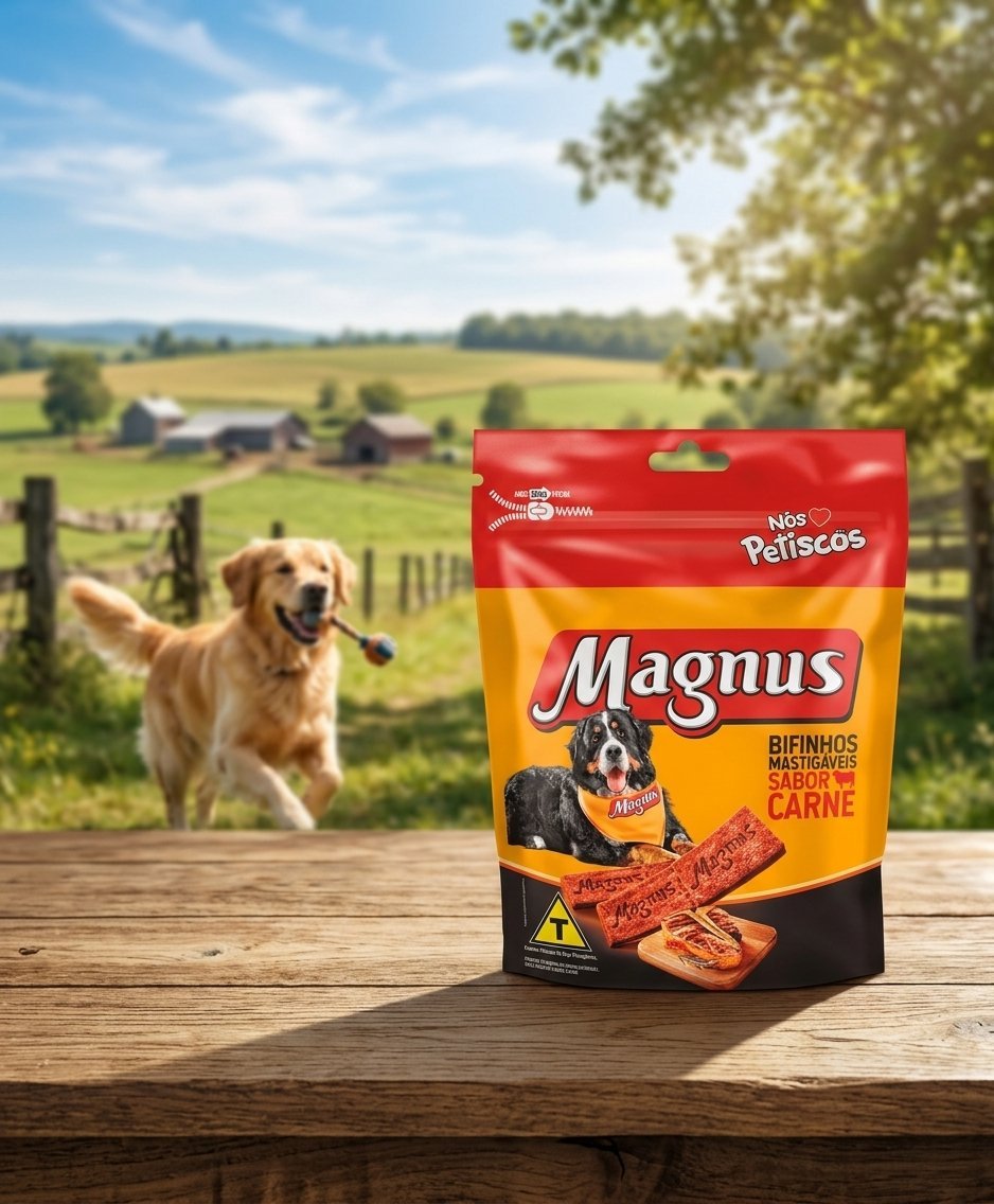 Embalagem de Bifinho Magnus Carne 500g para cães, com imagem de petiscos e um cachorro feliz.