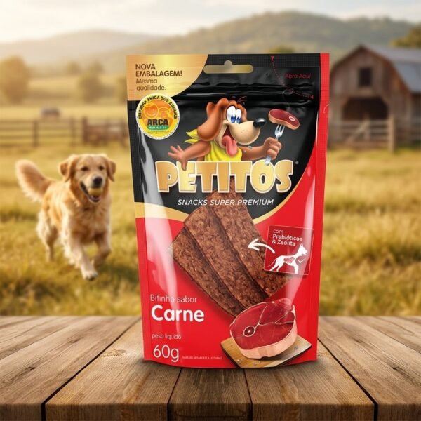 Embalagem de bifinho carne Petitos Filezitos 60g para cães, com petiscos visíveis e logo da marca.