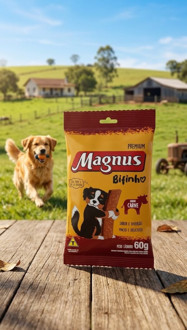 Embalagem do Bifinho Magnus 60g sabor carne para cães, com imagem de petisco e cão feliz.