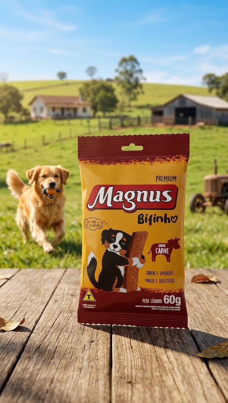 Embalagem do Bifinho Magnus 60g sabor carne para cães, com imagem de petisco e cão feliz.