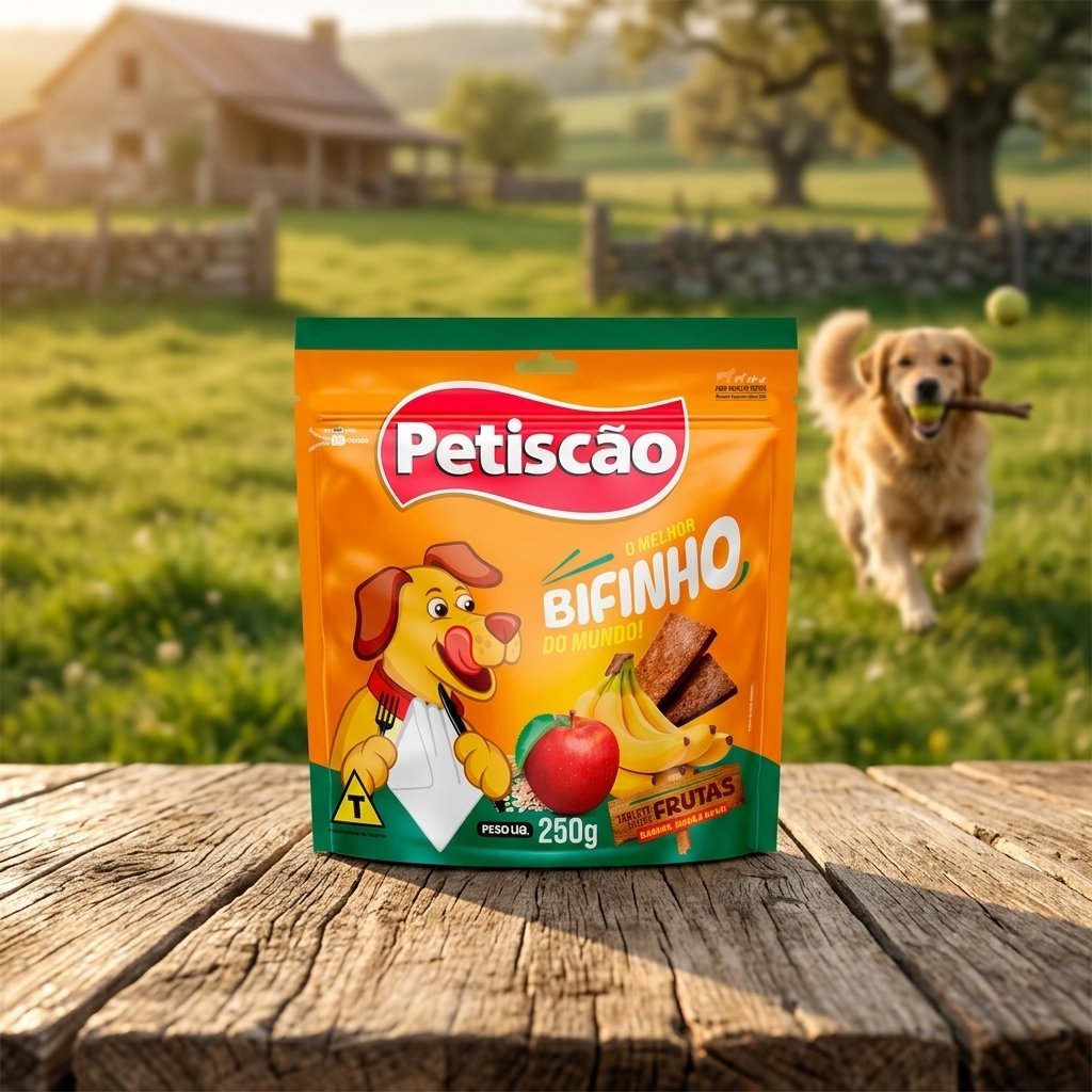 Pacote de Petiscão Frutas para Pássaros e Roedores 250g com imagem de frutas variadas e sementes, sobre fundo claro.