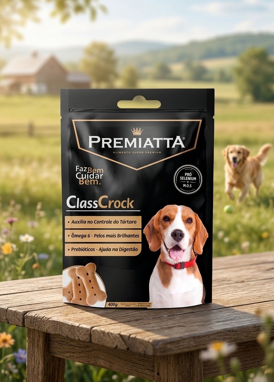 Biscoito Premiatta Classcrock 400g para cães, embalagem frontal com logo e biscoitos visíveis