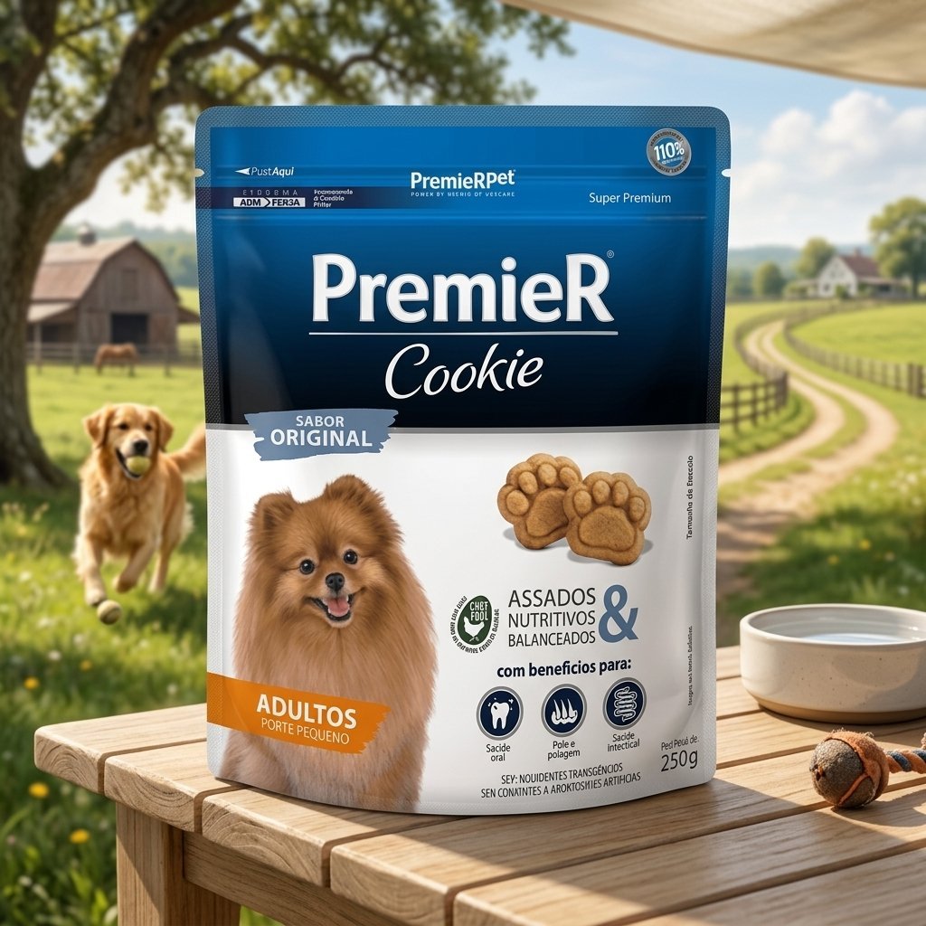 Embalagem de biscoito Premier Cookie para cães adultos de pequeno porte, 250g, com imagem de cachorro feliz.