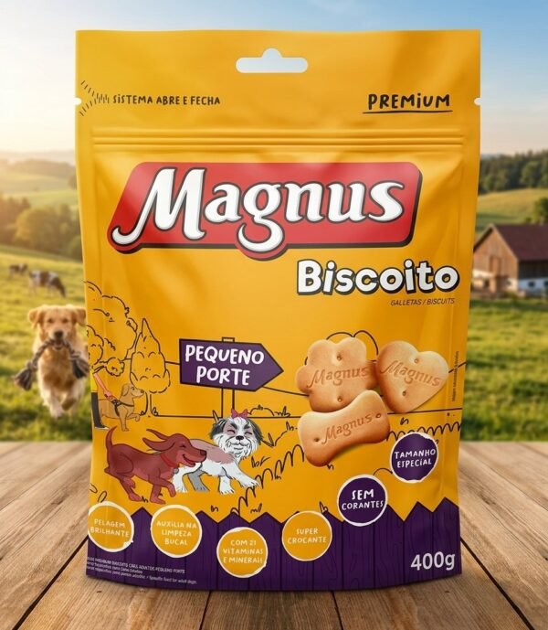 Biscoito Magnus para cães de pequeno porte, embalagem de 400g, com imagem de um cão feliz e o produto.