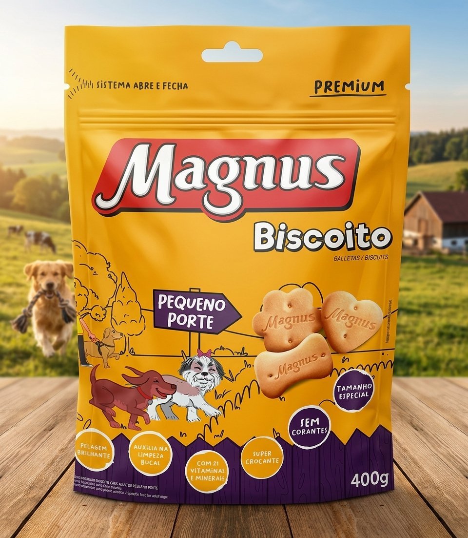 Biscoito Magnus para cães de pequeno porte, embalagem de 400g, com imagem de um cão feliz e o produto.
