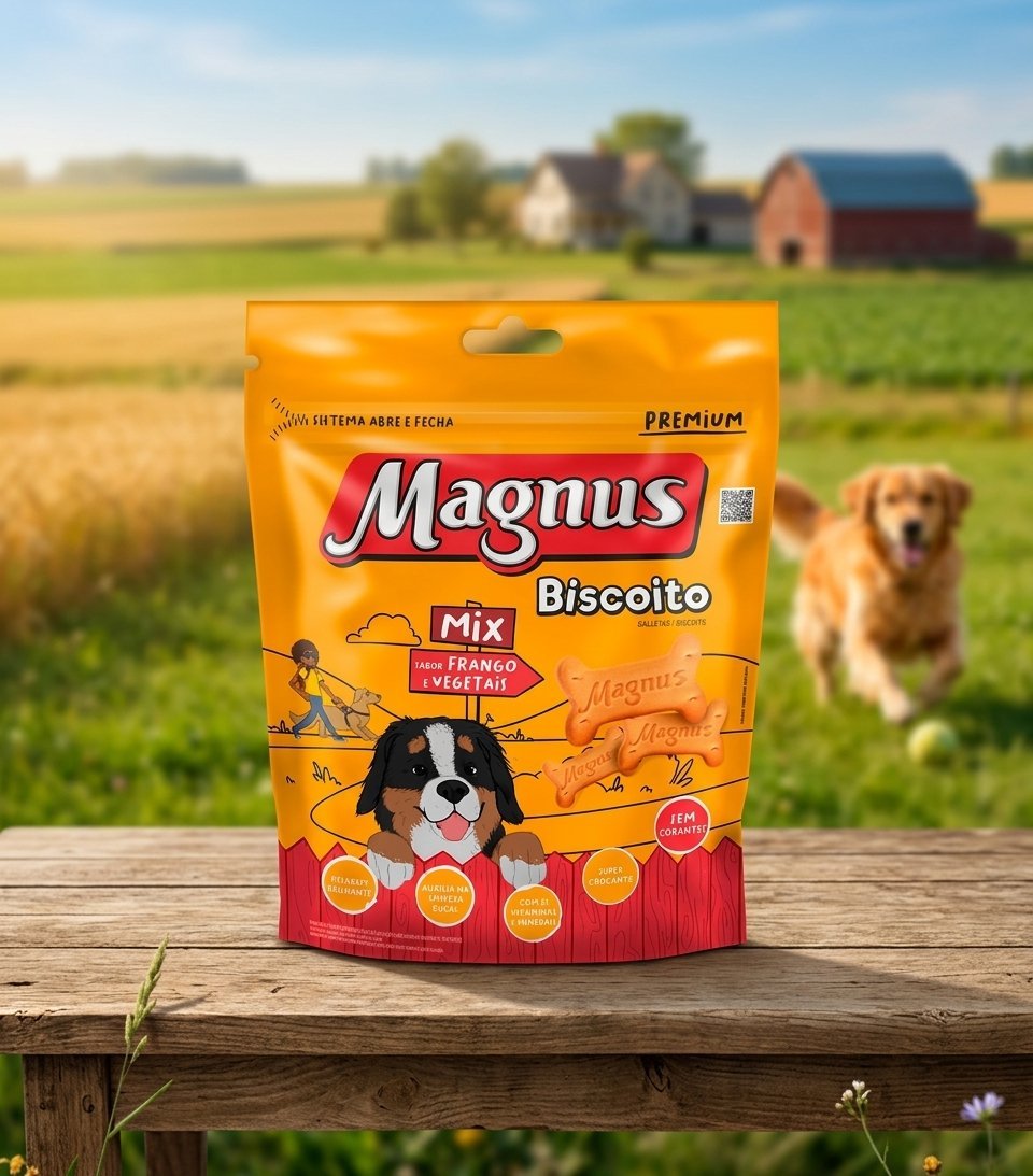 Embalagem de 500g do Biscoito Magnus Mix para Cães Adultos, com biscoitos de diferentes formatos e cores.
