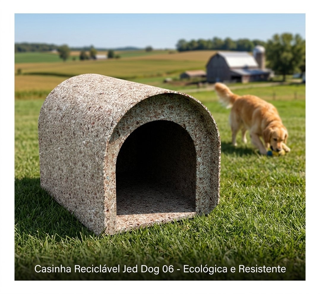 Casinha de cachorro número 06 feita de plástico reciclado, cor neutra, em ambiente externo com gramado.