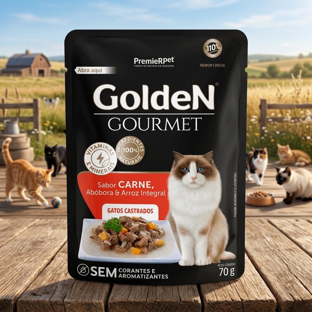 Sachê Golden Gourmet Gatos Castrados sabor Carne 70g embalagem